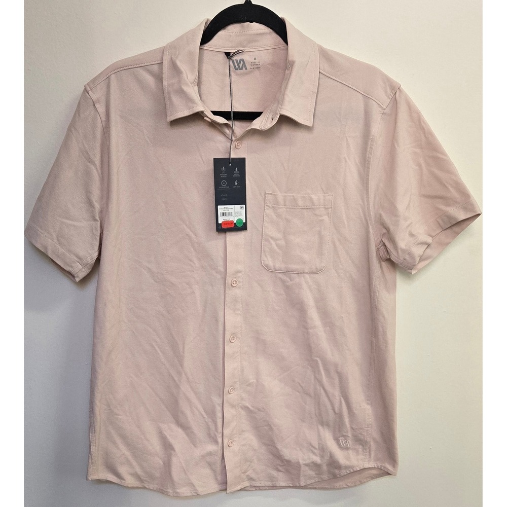 VRST Mens Refined Knit Button Down Shirt Light Pink Short Sleeve Medium NWT